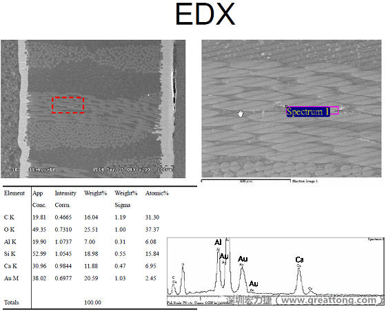 ACF(Conductive Anodic Filament，導墊性細絲物，陽極性玻璃纖維絲漏電現象)。用EDX打出來Au(金)的元素介于通孔與盲孔之間第一個位置。