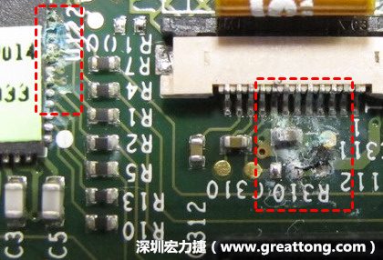 電路板疑似腐蝕氧化，懷疑電流異常過熱造成
