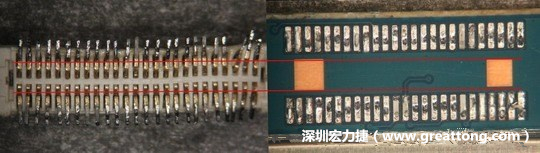 把板對板連接器與其電路板的佈線焊墊作一個比較，端子的切斷面有毛邊的地方剛好對到了裸銅區。