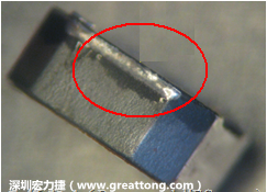 使用錫(Sn)鍍層的電源電感器(Power Inductors)，經過推力測試后，其焊點還保留在零件的端點上，所以推力比較高。