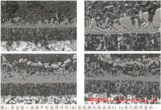下面四張圖片為放大4500倍的SEM圖像，說明在回流焊爐熱量不足的情況下，黃金成份正要從鎳層分離融入焊錫之中的瞬間，當零件遭受外力沖擊的時候就極有可能從這一整排AuSn、、AuSn2或AuSn4的IMC處裂開。
