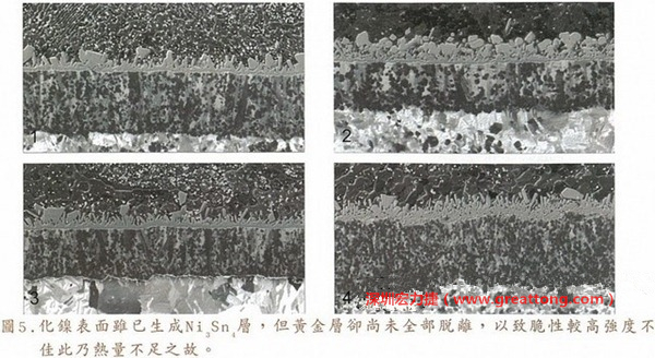 下面四圖顯示，當焊接的熱量不足或未持續時，雖然Ni3Sn4的薄薄IMC層已經生成而焊牢，但也會因為AuSn及AuSn2還未來得及逸走，而停留在共金介面附近，當有外力拉扯的時候，就很容易斷裂開來。這就是為何ENIG的焊點強度，始終不如銅面焊點(Cu6Sn5)來得更為牢固的主因之一。