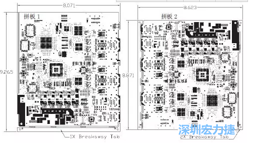 如圖7所示是使用不同數量邊條的拼板，拼板1僅使用了一個邊條，直接利用PCB另一邊作為SMT工藝傳送邊，并且PCB圖形中有合適的安裝孔；而拼板2則是按常規設計了兩個邊條。拼板方式為連接筋。圖中“Breakaway Tab”指邊條-深圳宏力捷