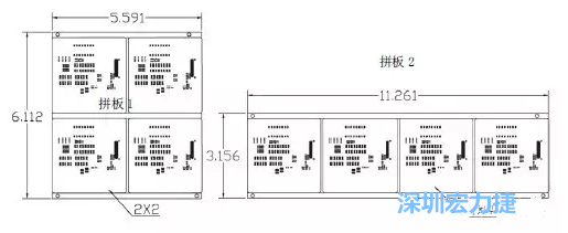 如圖9所示在兩種拼板中PCB單元的排列方式不同。拼板方式是V-CUT。這兩種拼板尺寸有明顯的的差異，將導致各自所需的生產拼板尺寸改變-深圳宏力捷