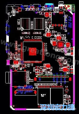 上圖是一個開發板的PCB，從布局中可以看出各個接口電路分離很明確，SDRAM和DDR以及SD卡接口電路等走線不會造成相互的干擾。-深圳宏力捷