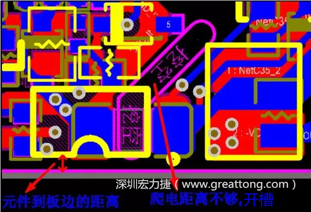 如果碰到模塊PCB空間有限，爬電距離不夠，可以采用開槽的方式