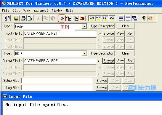 輸出文件類型(Type)選 EDIF。Output File 1 指定輸出文件的文件名和路徑。然后點擊 Run(跑動的小人)。