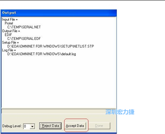 系統彈出一個輸出窗口，點擊 Accept Data。完成后點擊“確定”，再點擊“Done”關閉輸出窗口。退出 Omninet for Windows。