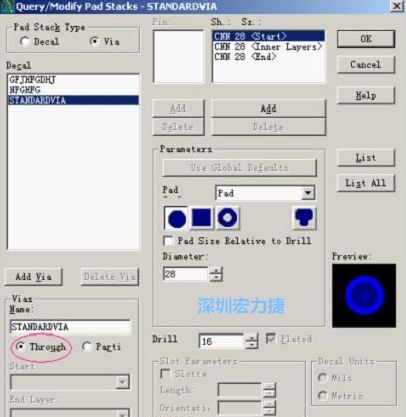 分析文件完成后，點擊菜單Setup→Pad Stacks調出焊盤堆設置窗口，將Pad Stack Type改為Via