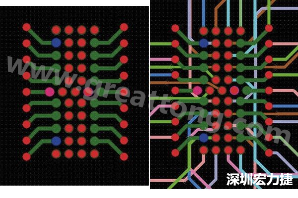 圖7：焊盤內過孔用于內部，而外部接腳在0.5mm閘格上扇出。圖7a顯示的是頂層(左)；圖7b顯示頂層和內部布線層(右)。