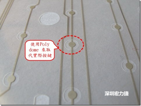 仔細看下面的第一張圖片，在圓形的節點旁邊有個圓形的開口，這個開口墊高了鍵盤按鍵的接觸點線路。