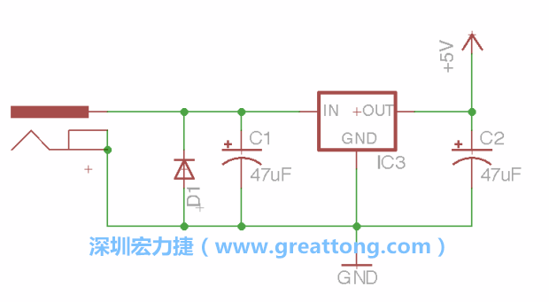新增RBBB→Power_Jack，將它放在電壓調整器的輸入端旁邊。