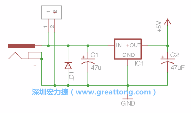 2.5.    新增一個二極體，它會以水平的狀態出現在屏幕上，請使用「旋轉（Rotate）」工具把它負極那一面朝上，并且用「網絡連接」工具將它連接在電壓調整器的輸入端和接地端之間。