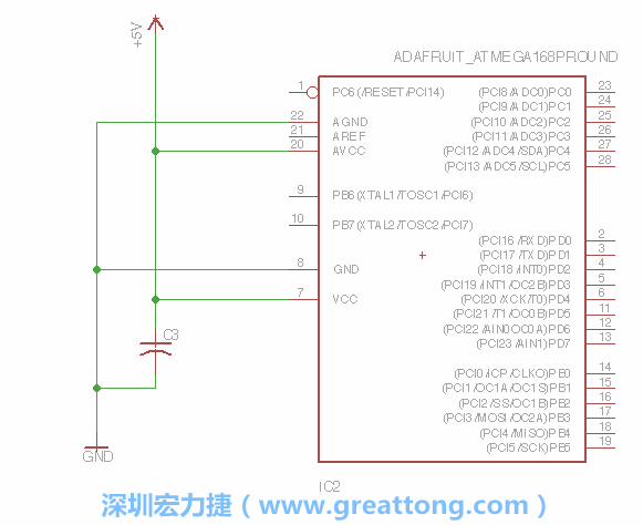 3.1.    新增微控制器晶片（RBBB → ATmega），把它放在電路原理圖的中央附近，把它的兩個接地接頭連接到接地訊號端。