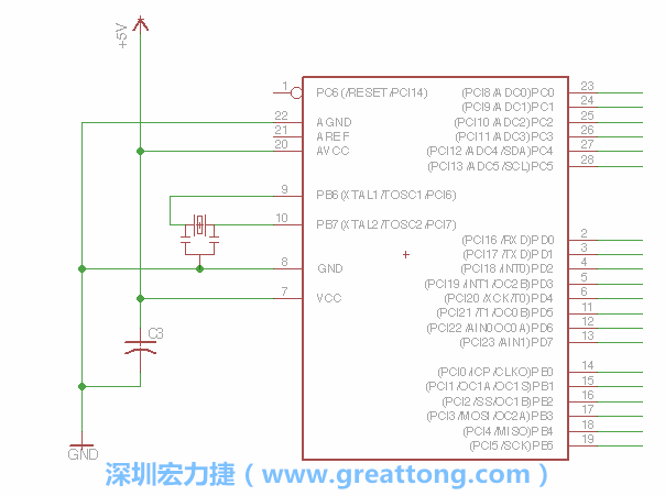 3.2.    在靠近ATmega的電源供應針腳7的位置放置一個0.1μF的電容，將它分別連接電源、接地端和針腳7。