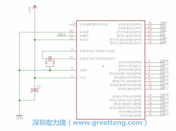 3.3.    將共鳴器（resonator）放置在針腳9和針腳10附近，將它的三個針腳連接如圖所示，并確認最中間的針腳有連到接地端。
