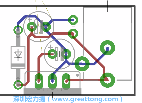 接地連結點的布線情形如下圖所示，利用這個練習來避免電路連線銳角化的產生是一個不錯的選擇，你可以在工具列中的彎曲線路（Wire Bend）選項里改變各種布線的變化。