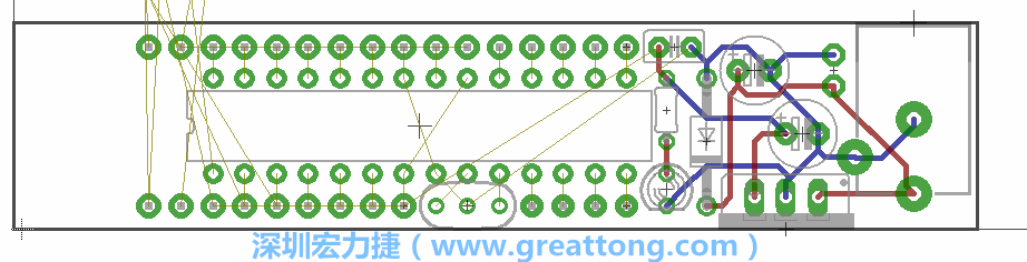 將ATmega微控制器、三個GPIO排針（JP2, JP3, JP4）和諧振器（resonator）排置如上圖所示。