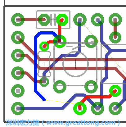 要在電路板正面進行+5V信號線連結和其他連結點的布線工作是非常容易的，而重置信號線（信號線用來連結電路板正面左邊的重置開關）需要經過一個可以通過電路板正反兩面的電路通道，這個通道是一個可以讓電路板正反兩面線路連接的一個小孔。