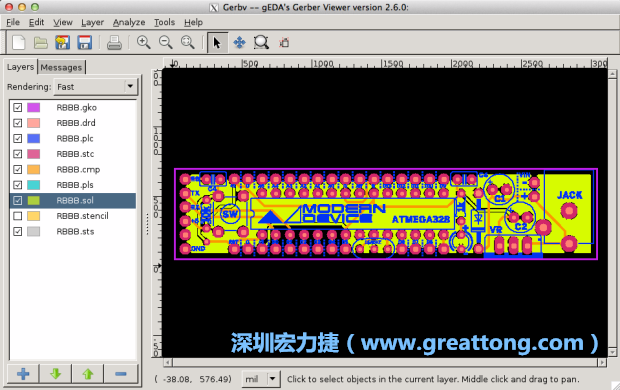 將圖層匯入你的Gerber預覽工具內（下圖為Gerbv），我通常會從上到下重新排列它們的順序，好讓我比較好校對：