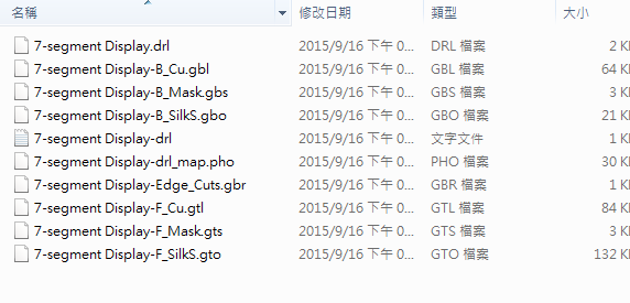 所謂Gerber檔，其實是包含一群檔案 (如下圖所示)，如包含正反面銅箔層 F.Cu B.Cu.，正反面文字面 F.Silkscreen ，B.Silkscreen，防焊層 SolderMask、板邊裁切Edge.Cuts 等。