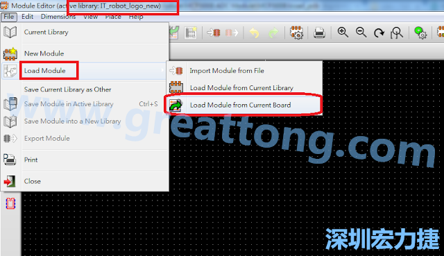 進入Module Editor去載入其他Footprint(Module)進來， 從目前的Active library (不過要先選取一個Current library ) 載入Module 或從目前正在編輯的PCB載入Module。