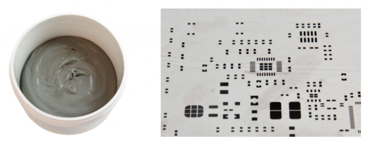 焊膏（左），PCB模板激光切割孔（右）